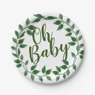 Oh baby floral greenery baby shower paper plate