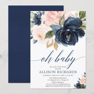 Oh baby floral pink and navy blue girl baby shower invitation