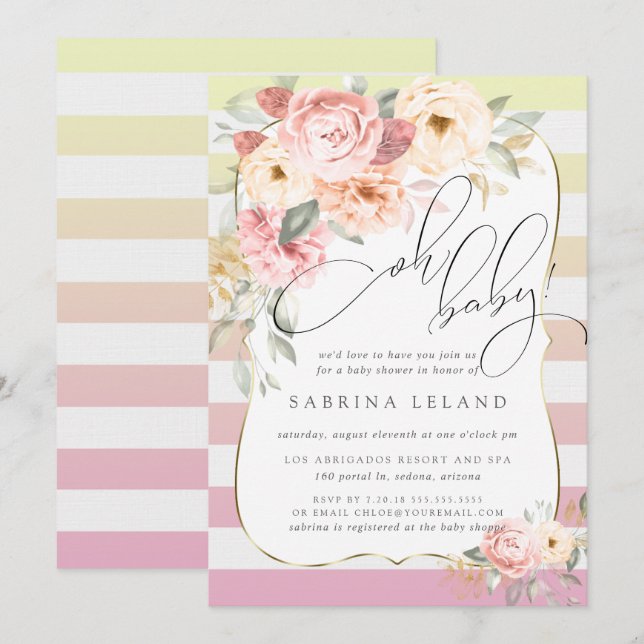 Oh Baby Floral Pink Yellow Ombre Stripes Invitation (Front/Back)