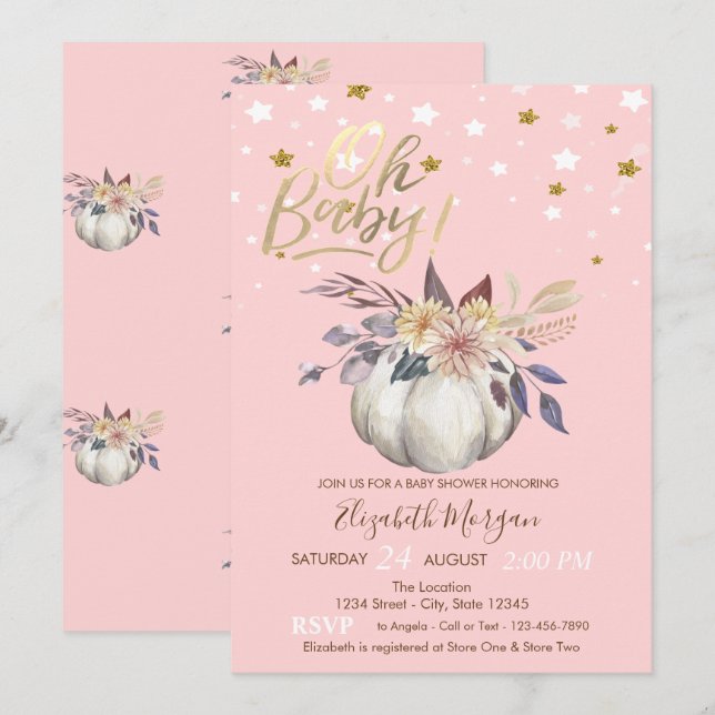 Oh Baby Floral Pumpkin Stars Baby Shower Invitation (Front/Back)