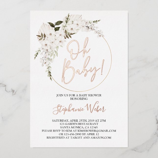 Oh Baby floral real rose gold Foil Invitation (Front)