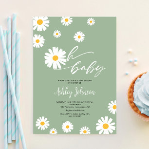 Oh Baby Floral Retro Sage Green Daisy Baby Shower Invitation