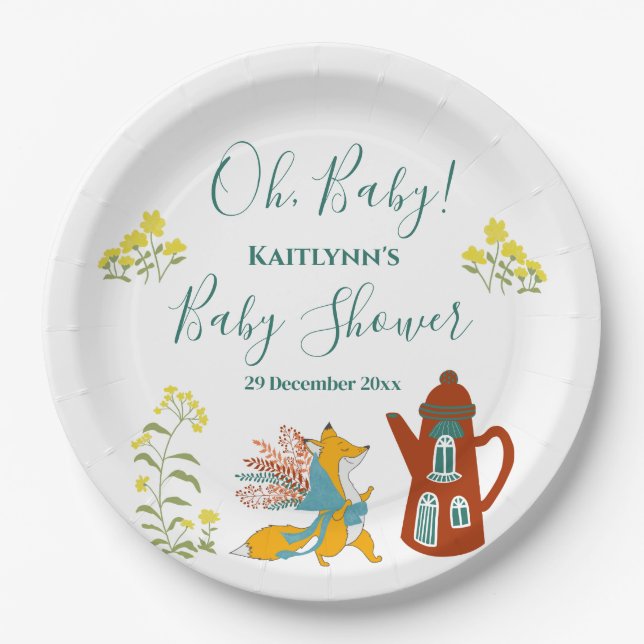 Oh, baby Fox and flowers Baby Shower Decor Paper Plate (Front)