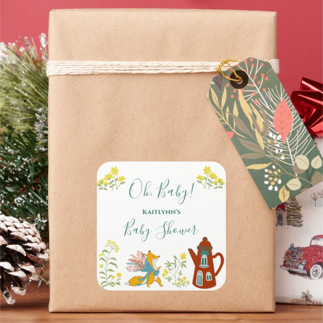 Oh, baby Fox and flowers Baby Shower gift Square Sticker (Holiday)