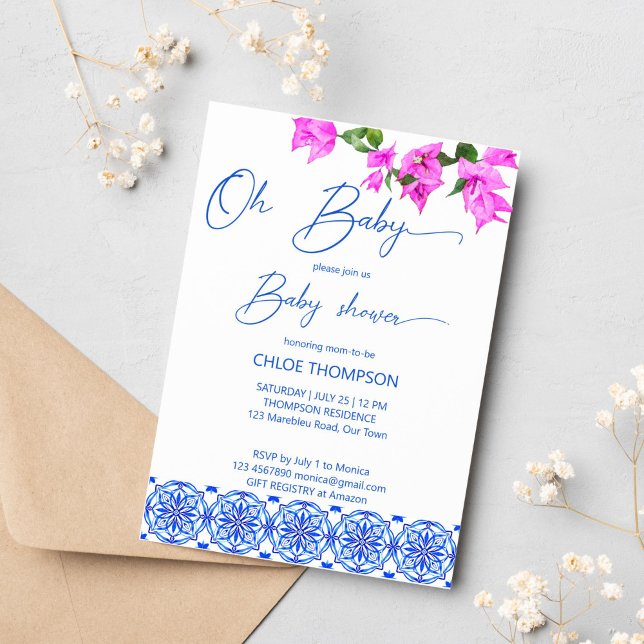 Oh baby French blue bougainvillea baby shower Invitation (oh baby french blue tiles bougainvillea baby shower invitation template pink and blue Mediterranean)