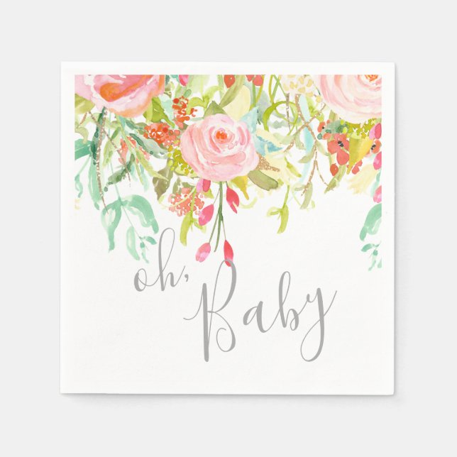 oh Baby Garden Floral Pink Grey Shower Party Event Napkin (Front)