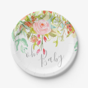 oh Baby Garden Floral Pink Grey Shower Party Event Paper Plate