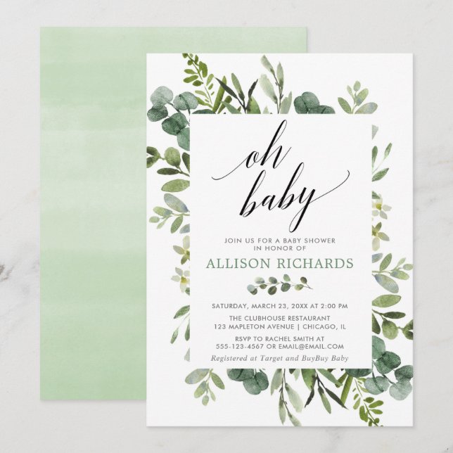 Oh baby Gender neutral greenery baby shower Invitation (Front/Back)