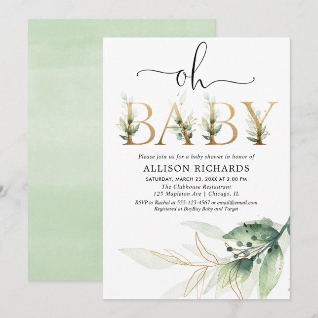 Oh baby gender neutral greenery baby shower invitation (Front/Back)