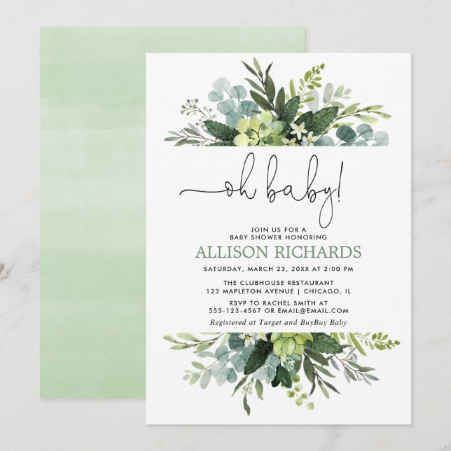 Oh baby Gender neutral greenery foliage shower Invitation (Front/Back)