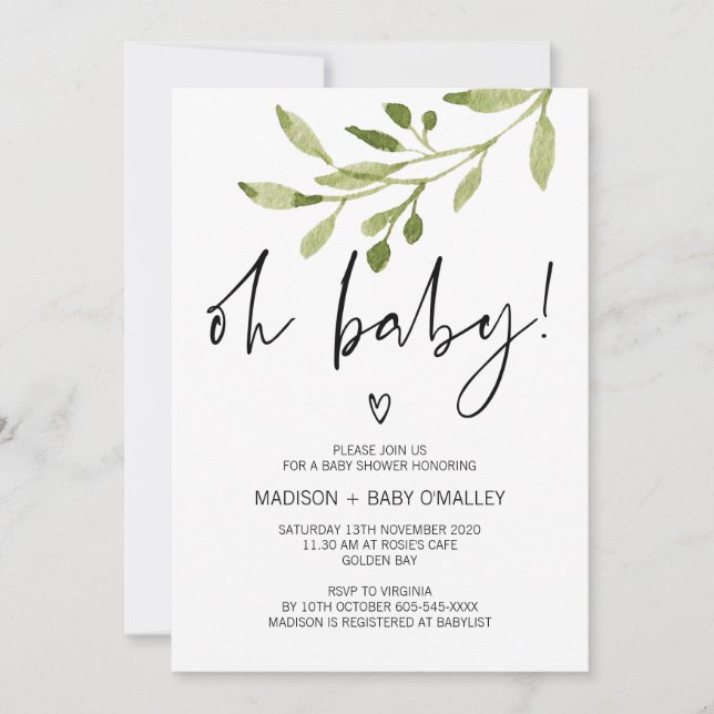 Oh Baby Gender Neutral Shower Invitation Greenery (Front)