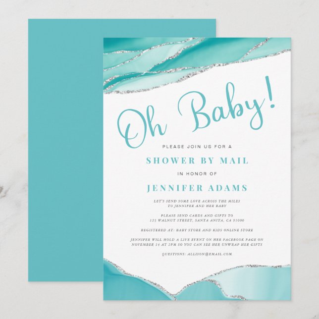 Oh Baby Geode Shower by Mail Teal Silver Invitation (Front/Back)