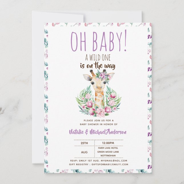 Oh Baby Giraffe A Wild One Safari Animal Floral Invitation (Front)