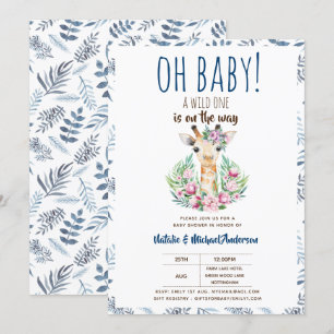 Oh Baby Giraffe A Wild One Safari Animal Floral Invitation