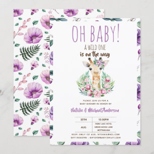 Oh Baby Giraffe A Wild One Safari Animal Floral Invitation