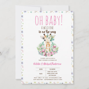 Oh Baby Giraffe A Wild One Safari Animal Floral Invitation