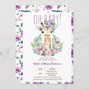 Oh Baby GIRAFFE with Purple Flowers Modern Shower Invitation