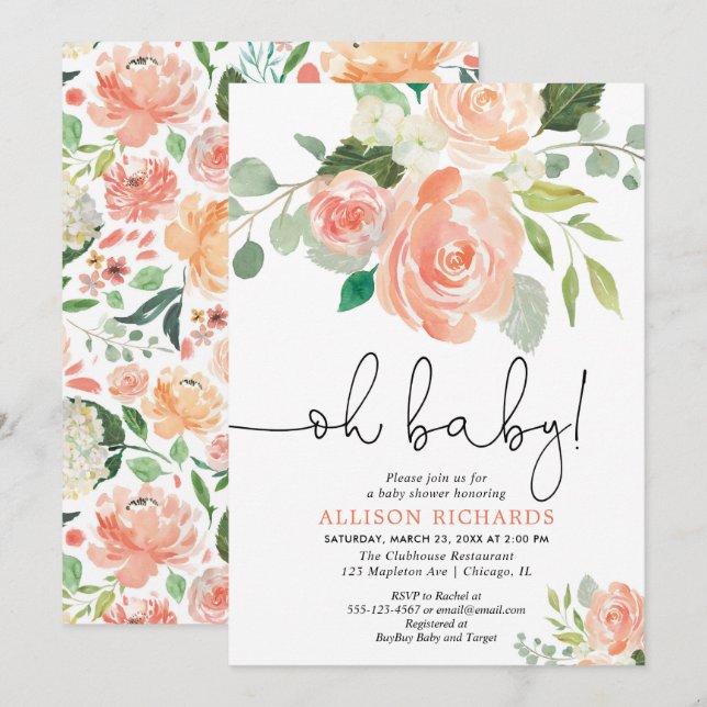 Oh baby girl baby shower floral peach greenery invitation (Front/Back)
