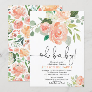 Oh baby girl baby shower floral peach greenery invitation