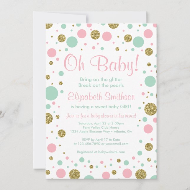 Oh Baby Girl, Baby Shower Invitation, Faux Glitter Invitation (Front)