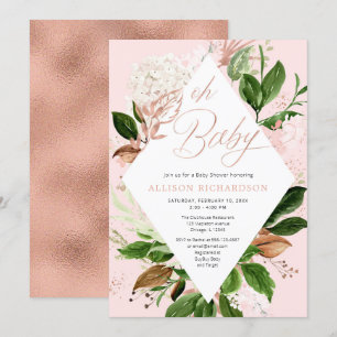 Oh baby girl baby shower rose gold green leaves invitation