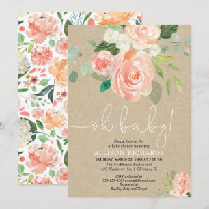 Oh baby girl baby shower rustic kraft floral invitation