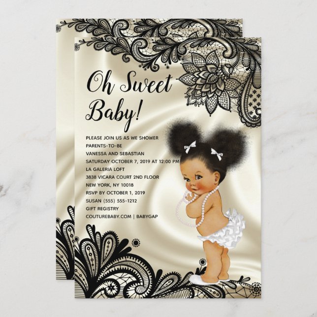 Oh Baby Girl Black Lace & Ivory Invitation (Front/Back)