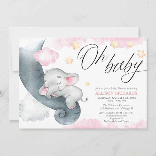 Oh baby girl elephant pink yellow baby shower invitation (Front)