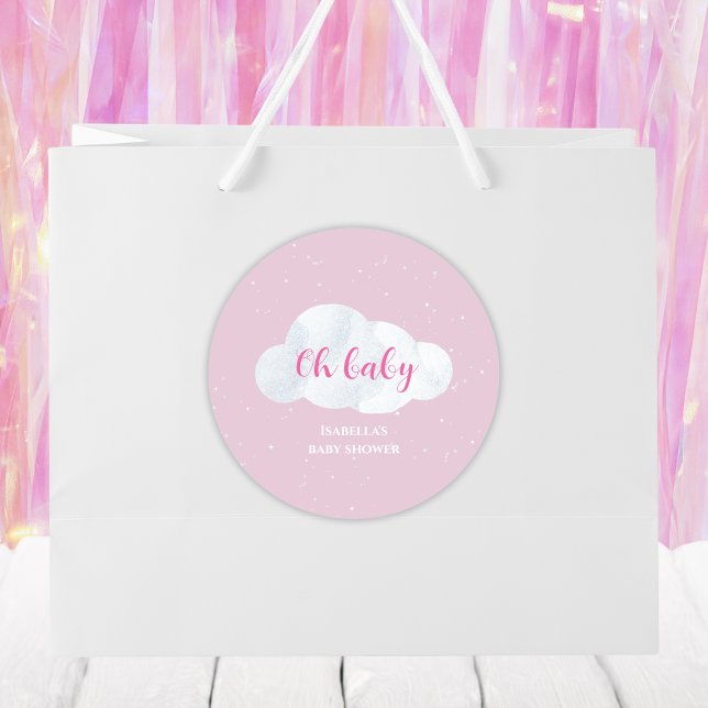 Oh Baby Girl Pink Clouds Sky Stars Baby Shower Classic Round Sticker (oh baby clouds baby girl shower pink sky stars)