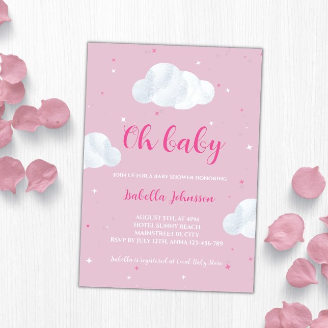 Oh Baby Girl Pink Clouds Sky Stars Baby Shower Invitation (oh baby girl pink clouds baby shower invitation)