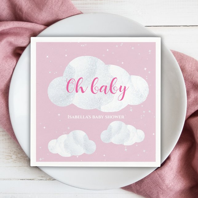 Oh Baby Girl Pink Clouds Sky Stars Baby Shower Napkin (oh baby clouds girl baby shower pink sky stars)
