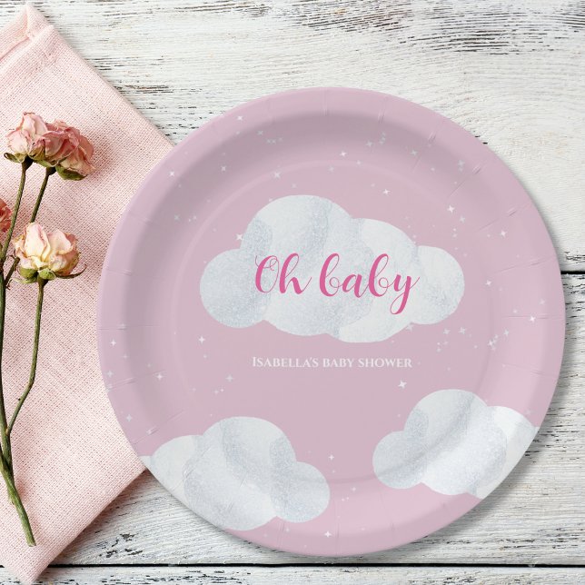 Oh Baby Girl Pink Clouds Sky Stars Baby Shower Paper Plate (oh baby clouds girl baby shower pink sky stars)