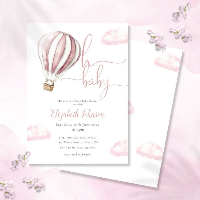 Oh Baby Girl Pink Hot Air Balloon Baby Shower Invitation (Hello Baby Girl Pink Hot Air Balloon Baby Shower Invitation)