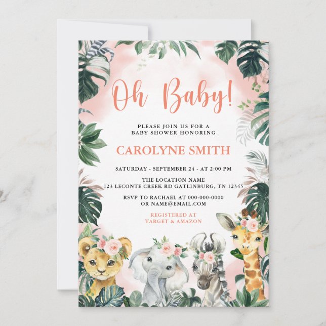 Oh Baby Girl Safari Animals Baby Shower Invitation (Front)