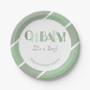 Oh Baby Girl Sage Green Modern Baby Shower Paper Plate