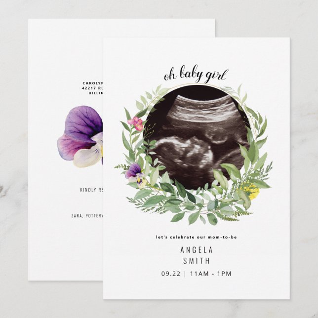 Oh Baby Girl Ultrasound Floral Shower Invitation (Front/Back)
