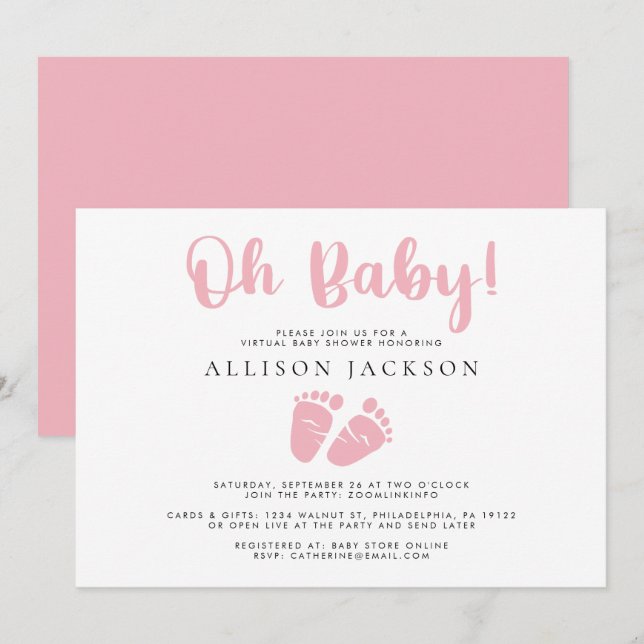 Oh Baby Girl Virtual Shower Pink Baby Feet Simple Invitation (Front/Back)