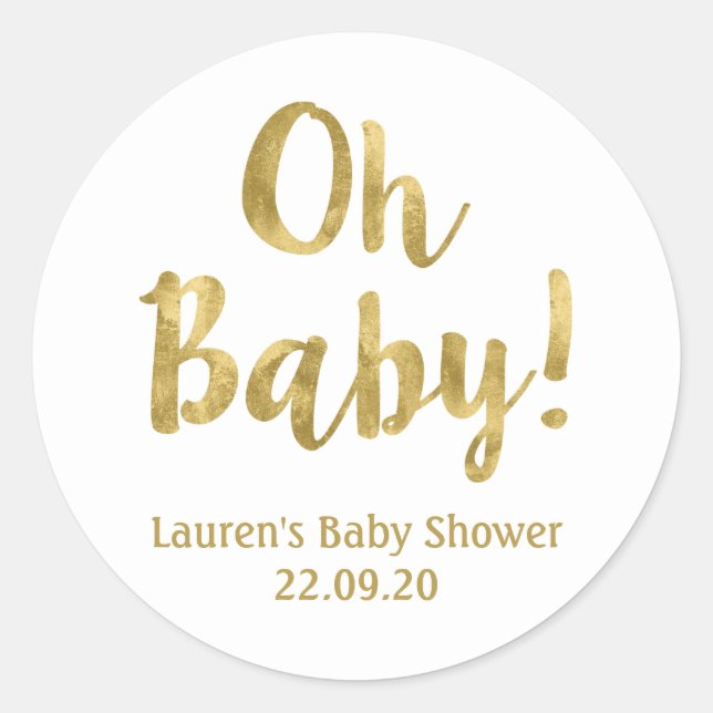 Oh Baby gold baby shower Classic Round Sticker (Front)