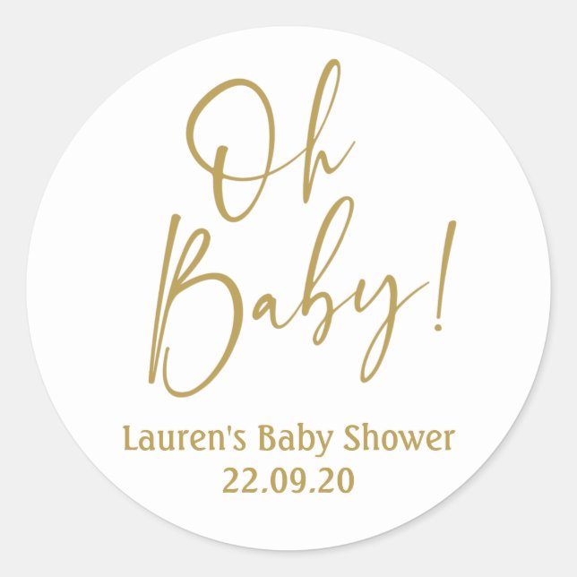Oh Baby gold baby shower Classic Round Sticker (Front)