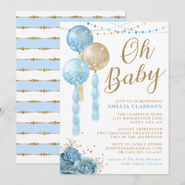 Oh Baby Gold & Blue Balloons Baby Shower Invitatio Invitation (Front/Back)