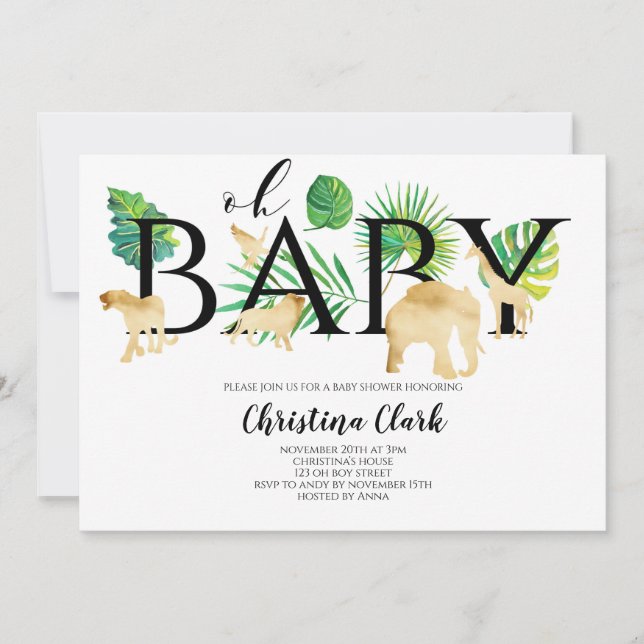 Oh Baby Gold Faux Jungle animals Baby Shower Invitation (Front)