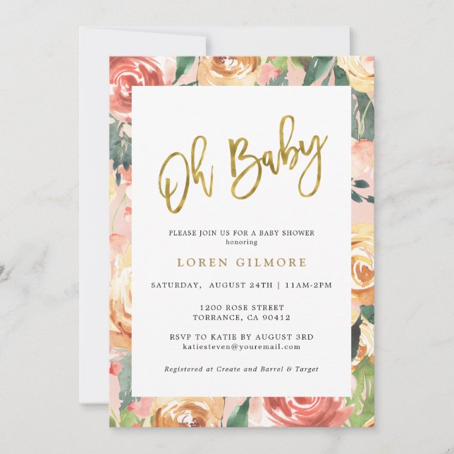 Oh Baby Gold Floral Pattern Baby Shower Invitation (Front)