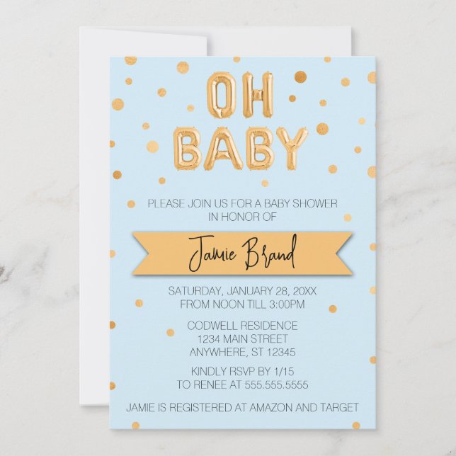 Oh Baby Gold Foil Balloon Baby Shower Invitation (Front)