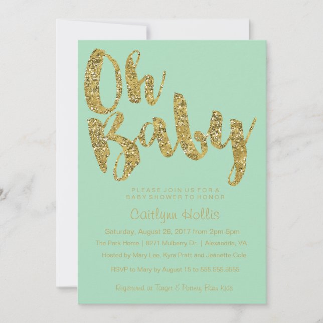 Oh Baby Gold Glitter and foil on mint Baby Shower Invitation (Front)