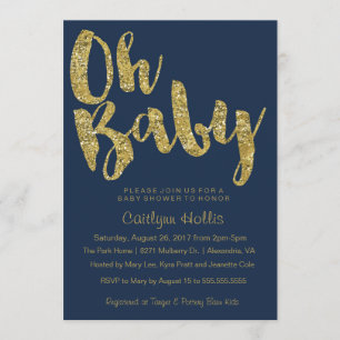 Oh Baby Gold Glitter and foil on navy Baby Shower Invitation