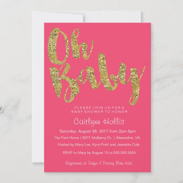 Oh Baby Gold Glitter and foil on pink Baby Shower Invitation (Front)