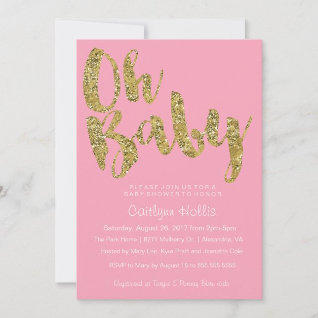 Oh Baby Gold Glitter and foil on pink Baby Shower Invitation (Front)