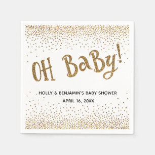 "Oh Baby!" Gold Glitter Confetti, Names & Date Napkin