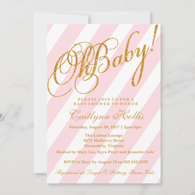Oh Baby Gold Glitter Stripe Baby Shower Invitation (Front)