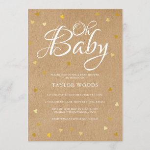 Oh Baby Gold Hearts Baby Shower Rustic Kraft Boho Invitation